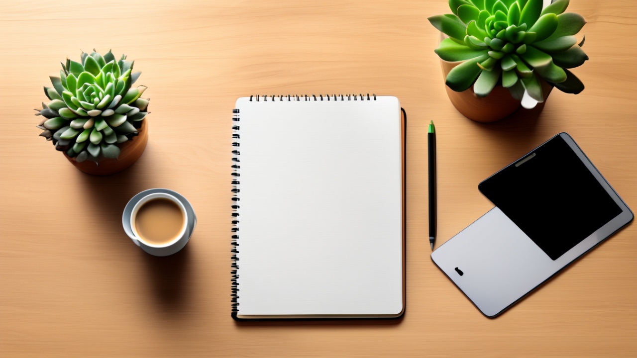 Mesa organizada com caderno, caneta e tablet