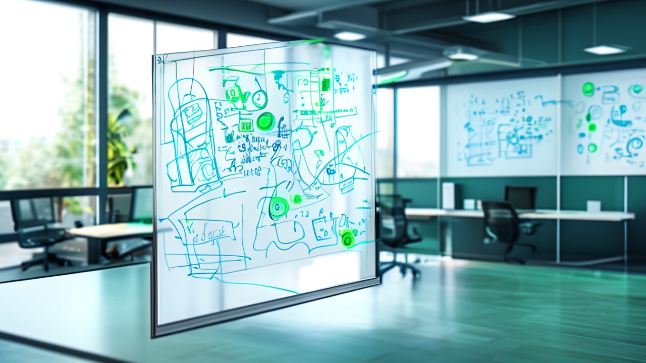 Quadro de vidro com diagramas de fluxo em escritorio