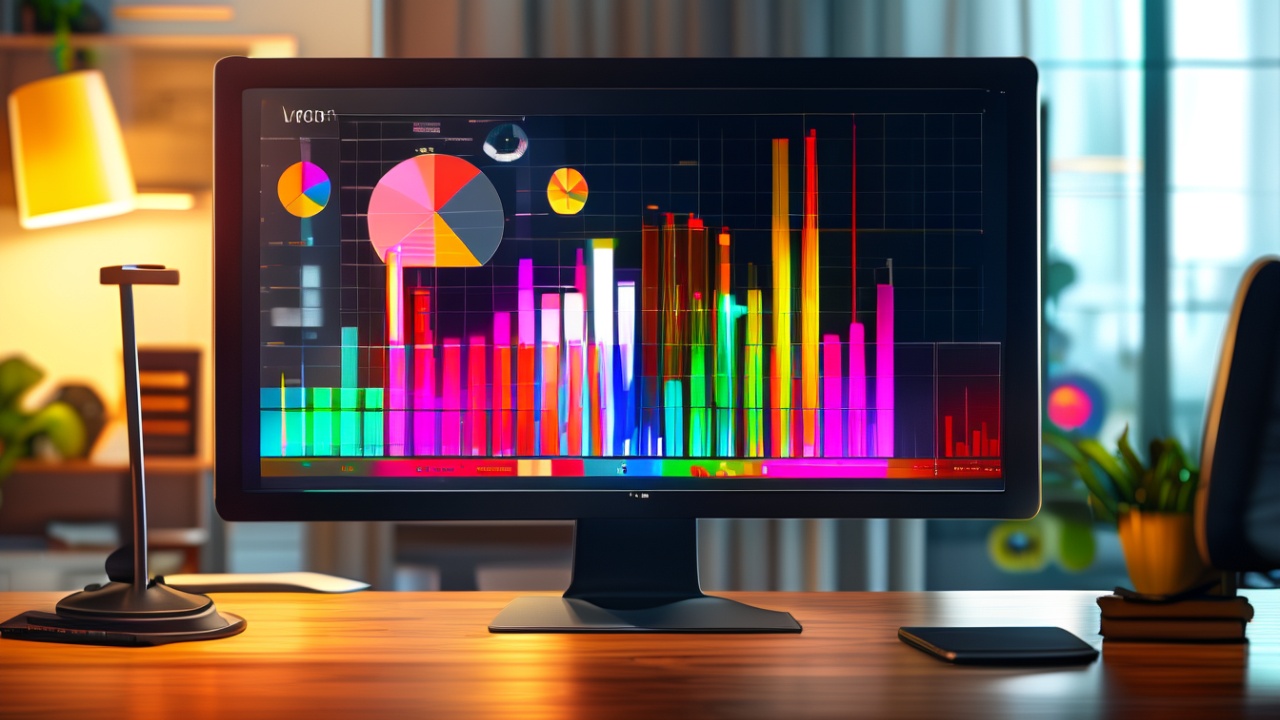 Monitor exibindo graficos abstratos em ambiente de escritorio