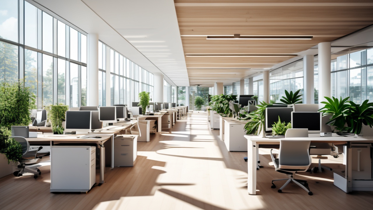 Espaco de escritorio aberto com estacoes de trabalho organizadas